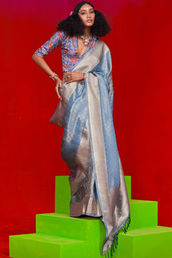 Supernal Blue Soft Banarasi Tissue Silk Saree With Inspiring Blouse Piece