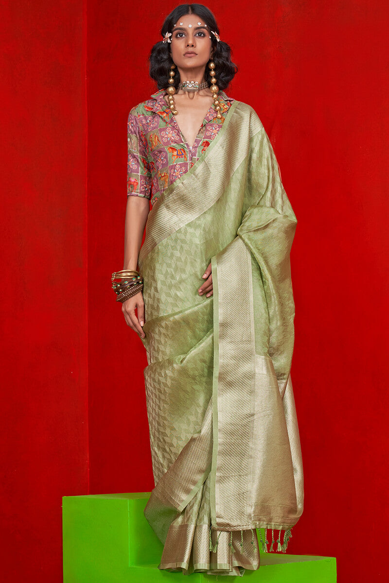 Beauteous Green Soft Banarasi Tissue Silk Saree With Susurrous Blouse Piece