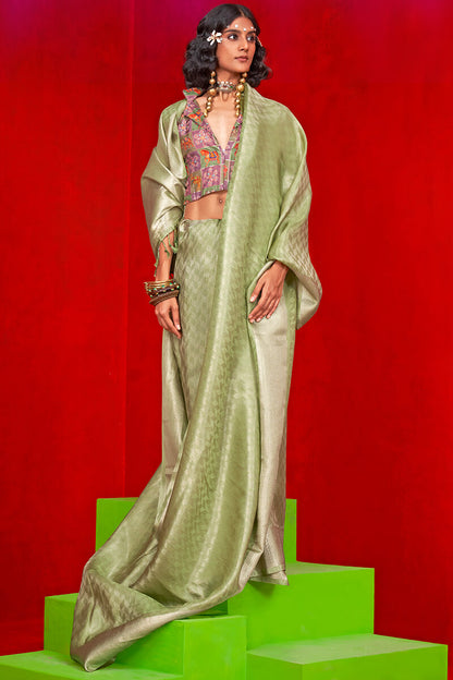 Beauteous Green Soft Banarasi Tissue Silk Saree With Susurrous Blouse Piece