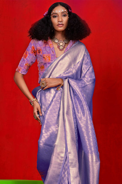 Tantalizing Lavender Soft Banarasi Tissue Silk Saree With Prettiest Blouse Piece