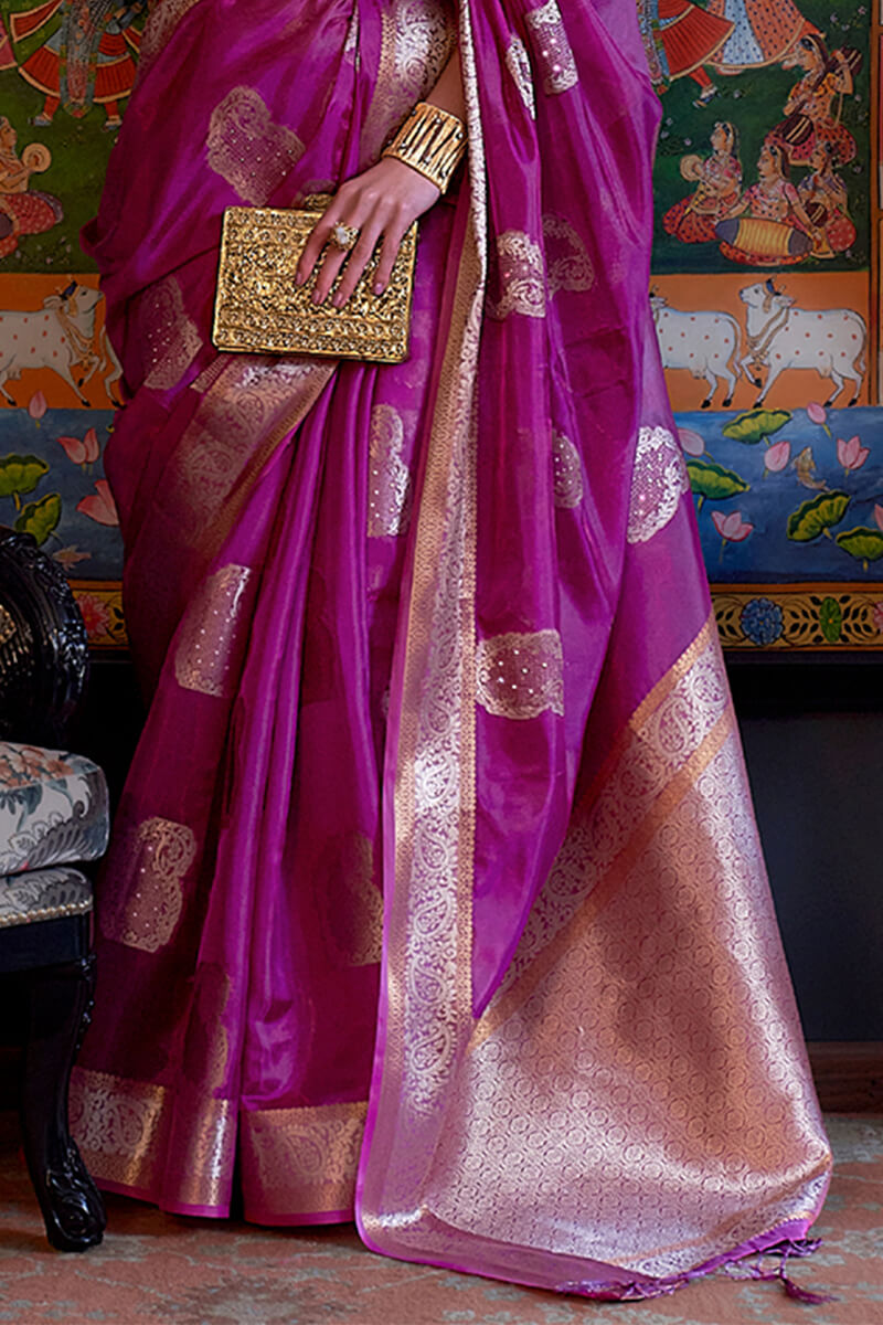 Fragrant Purple Organza Silk Saree With Profuse Blouse Piece