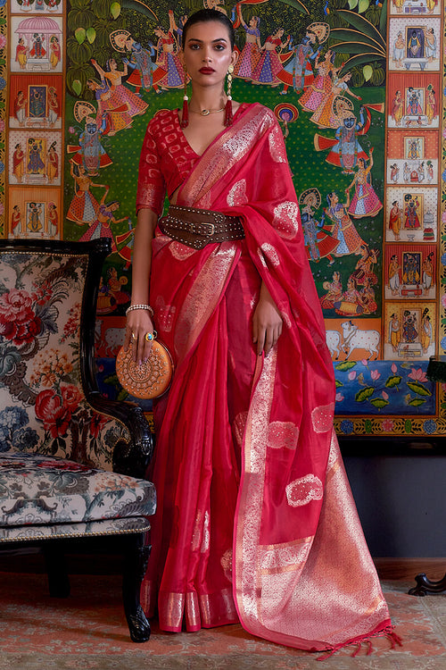 Load image into Gallery viewer, Surreptitious Red Organza Silk Saree With Propinquity Blouse Piece
