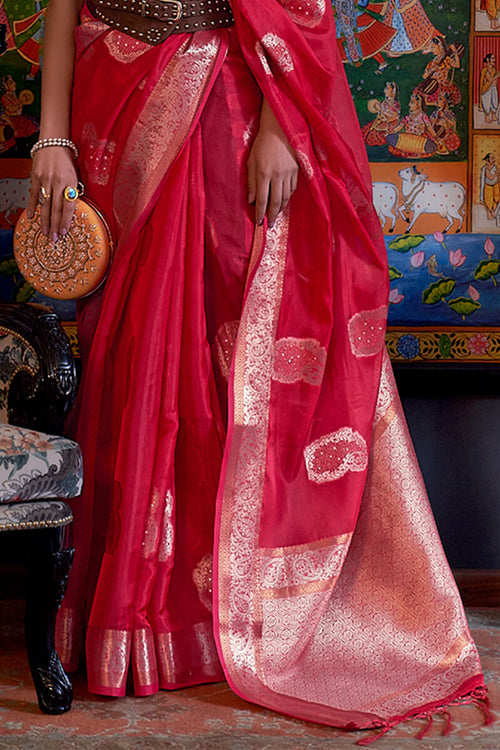 Load image into Gallery viewer, Surreptitious Red Organza Silk Saree With Propinquity Blouse Piece
