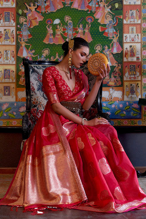 Load image into Gallery viewer, Surreptitious Red Organza Silk Saree With Propinquity Blouse Piece
