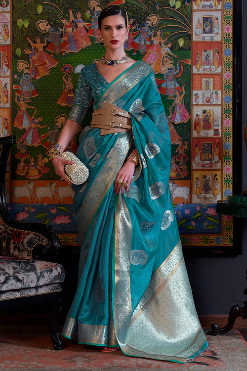 Buy Turquoise Blue Swarovski Art Silk Saree - Koskii