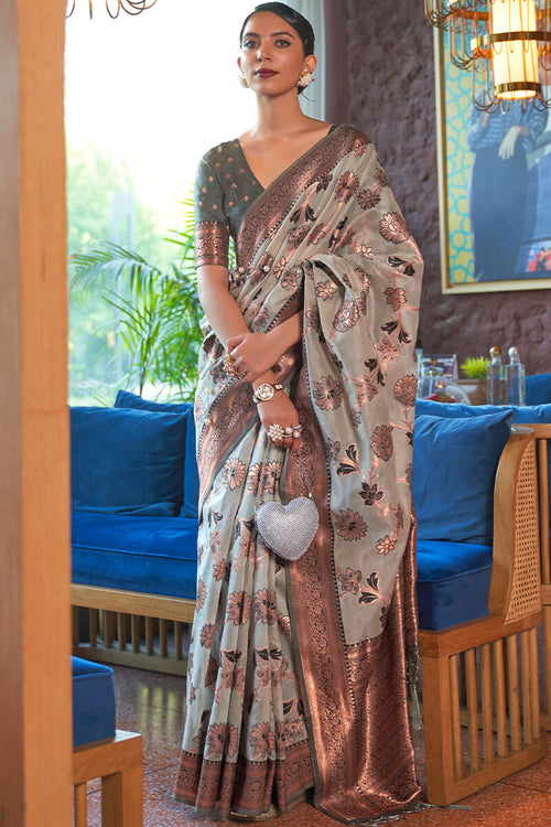 Load image into Gallery viewer, Woebegone Grey Organza Silk Saree With Engaging Blouse Piece
