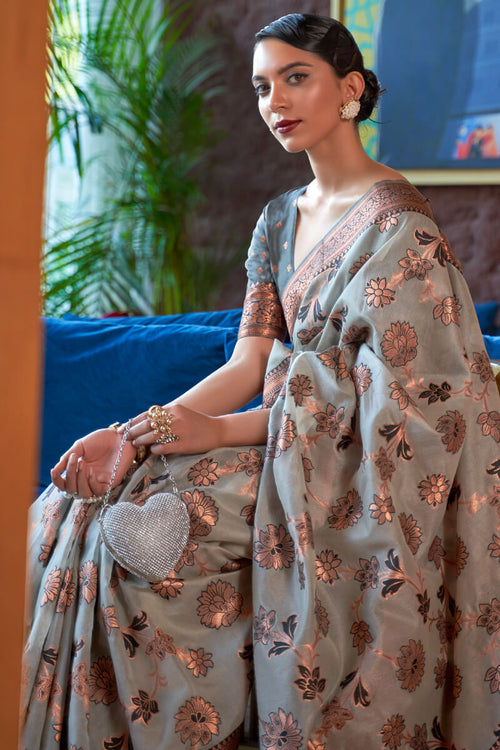 Load image into Gallery viewer, Woebegone Grey Organza Silk Saree With Engaging Blouse Piece
