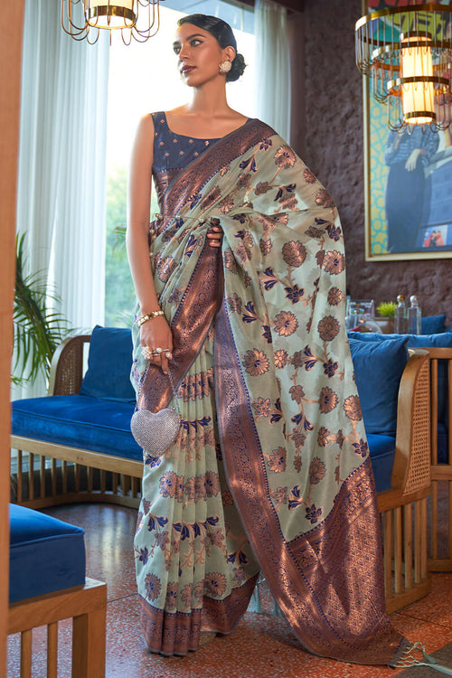 Load image into Gallery viewer, Splendorous Sea Green Organza Silk Saree With Glittering Blouse Piece
