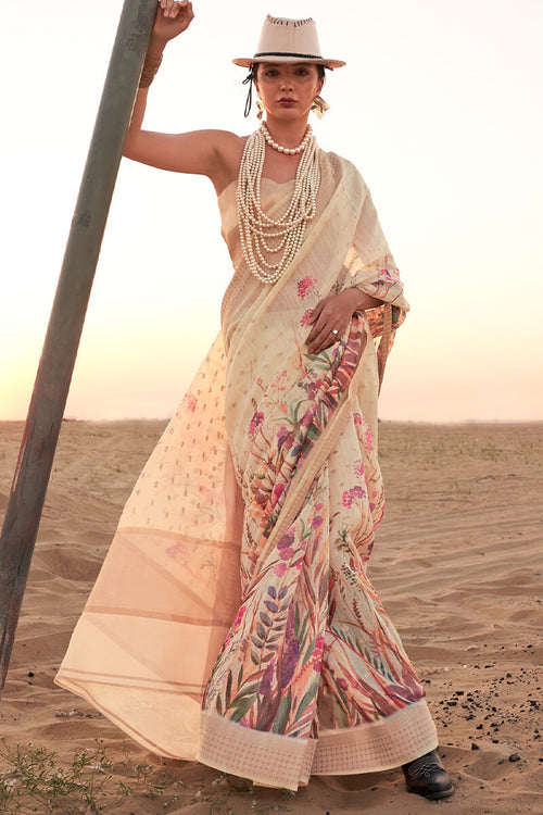 Load image into Gallery viewer, Elegant Beige Digital Printed Cotton Silk Saree With Amazing Blouse Piece
