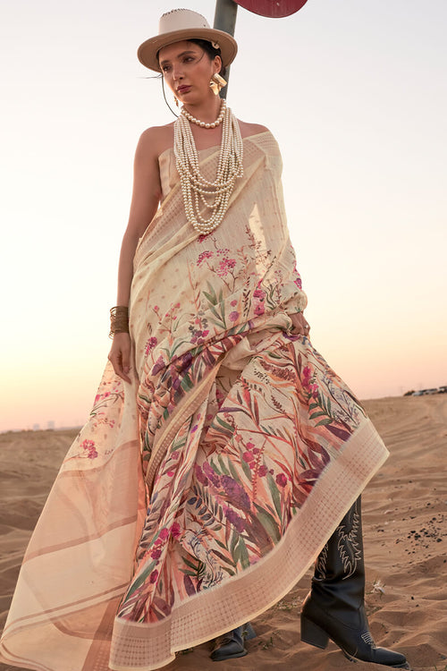 Load image into Gallery viewer, Elegant Beige Digital Printed Cotton Silk Saree With Amazing Blouse Piece
