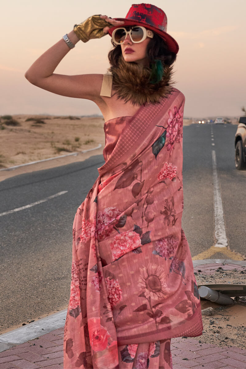 Refreshing Pink Digital Printed Cotton Silk Saree With Gorgeous Blouse Piece