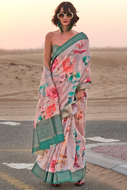 Load image into Gallery viewer, Charming Baby Pink Digital Printed Cotton Silk Saree With Appealing Blouse Piece
