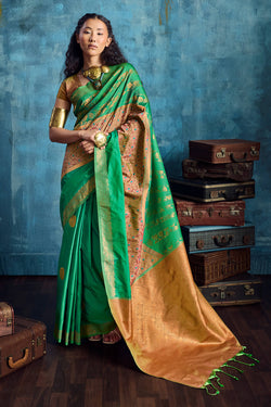 Amiable Green Soft Pochampally Silk Saree With Jazzy Blouse Piece
