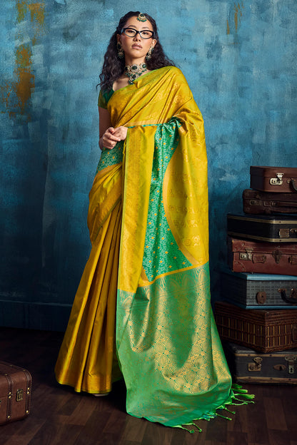 Vibrant Mustard Soft Pochampally Silk Saree With Lovely Blouse Piece