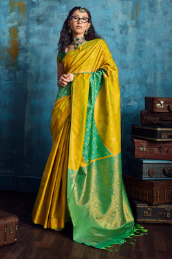 Vibrant Mustard Soft Pochampally Silk Saree With Lovely Blouse Piece