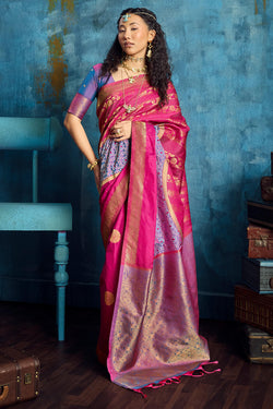 Demure Dark Pink Soft Pochampally Silk Saree With Inspiring Blouse Piece
