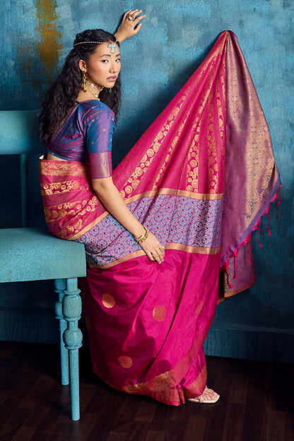 Demure Dark Pink Soft Pochampally Silk Saree With Inspiring Blouse Piece