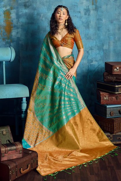 Posh Rama Soft Pochampally Silk Saree With Outstanding Blouse Piece