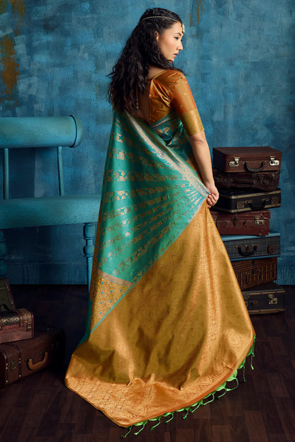 Posh Rama Soft Pochampally Silk Saree With Outstanding Blouse Piece