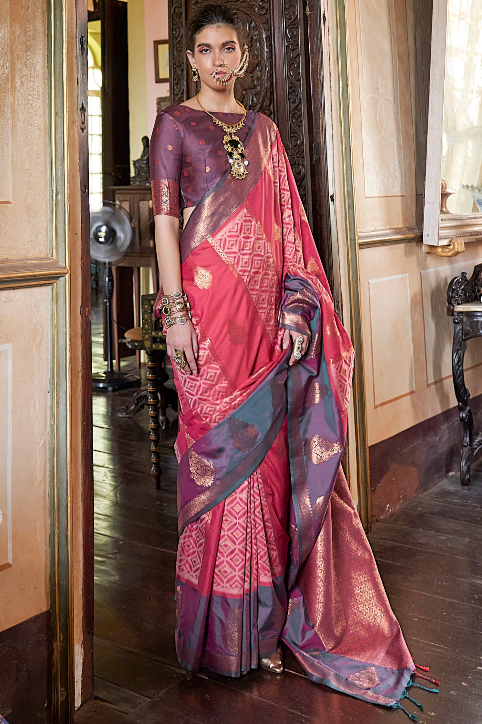 Enticing Pink Soft Banarasi Silk Saree With Nemesis Blouse Piece