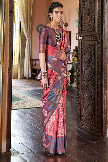 Enticing Pink Soft Banarasi Silk Saree With Nemesis Blouse Piece