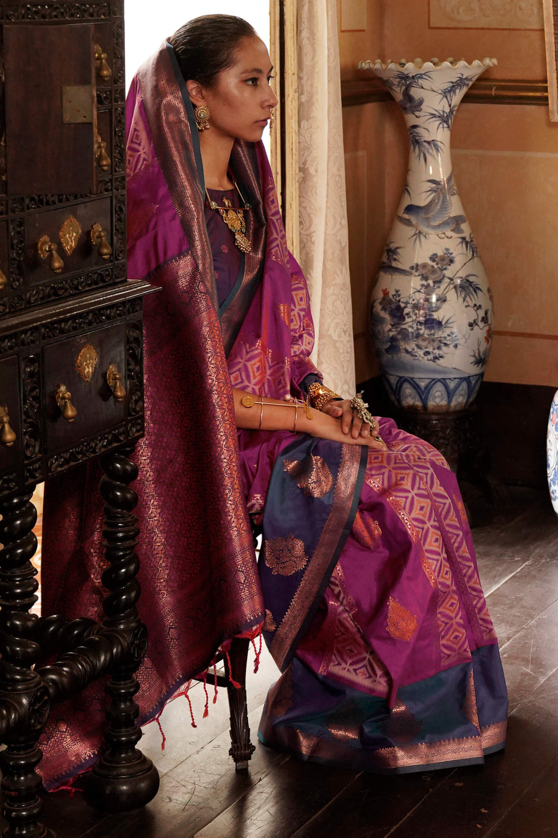 Moiety Wine Soft Banarasi Silk Saree With Fugacious Blouse Piece