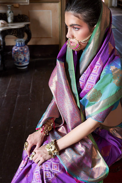 Cynosure Purple Soft Banarasi Silk Saree With Rhapsodic Blouse Piece