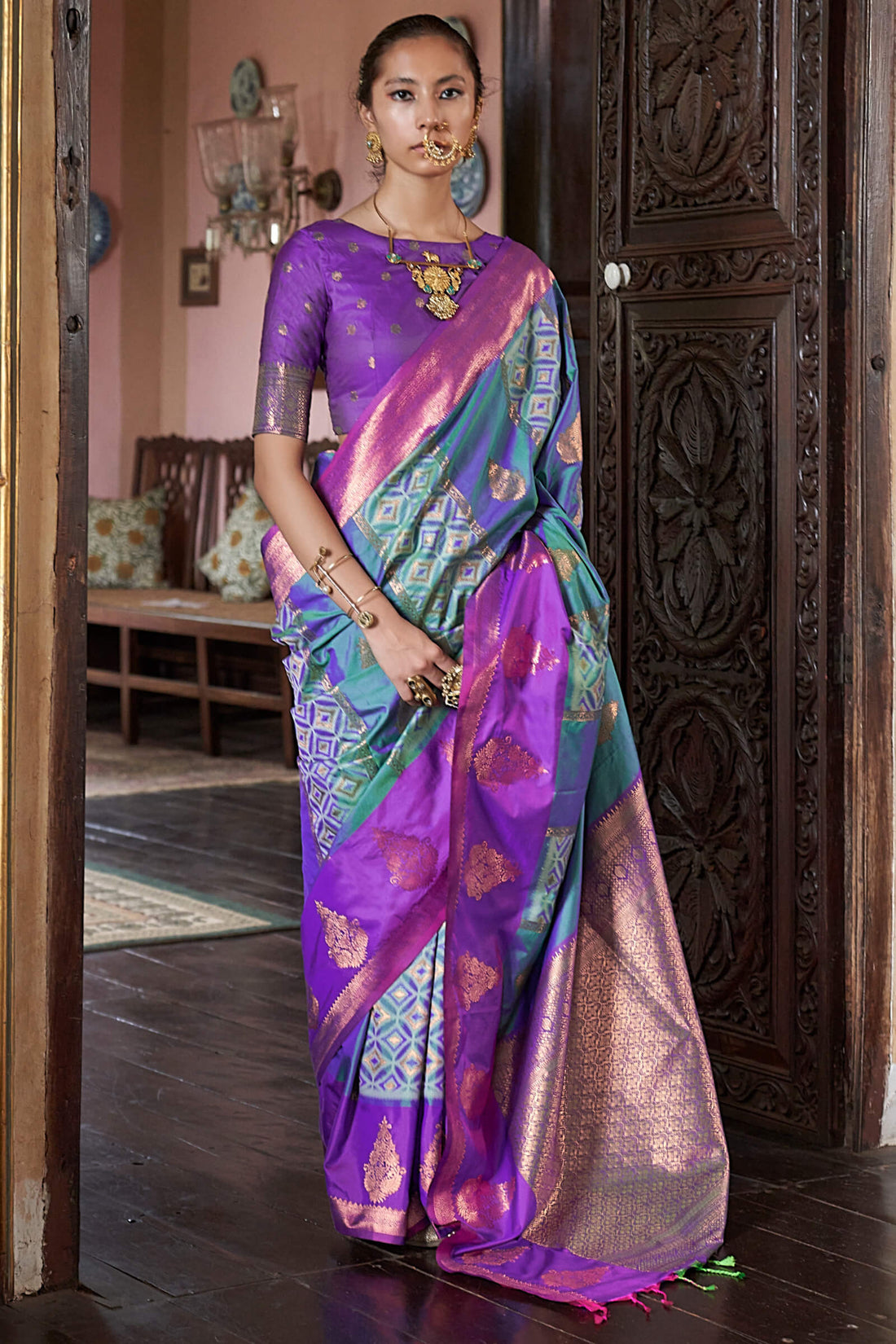 Hypnotic Sea Green Soft Banarasi Silk Saree With Brood Blouse Piece