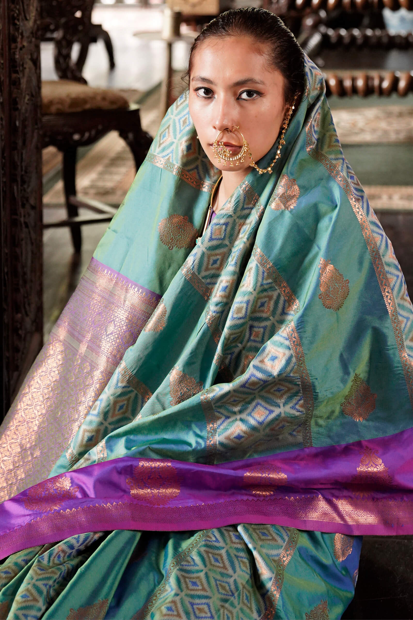 Hypnotic Sea Green Soft Banarasi Silk Saree With Brood Blouse Piece