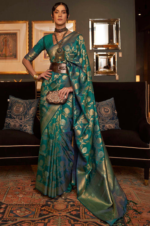 Load image into Gallery viewer, Blissful Rama Soft Banarasi Silk Saree With Engrossing Blouse Piece
