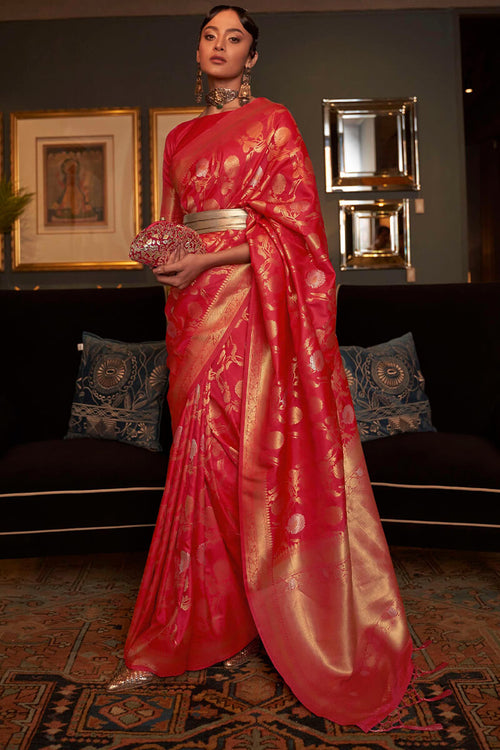 Load image into Gallery viewer, Girlish Red Soft Banarasi Silk Saree With Dazzling Blouse Piece
