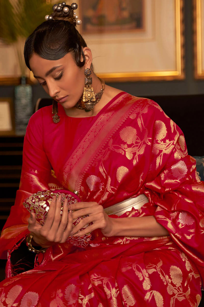 Girlish Red Soft Banarasi Silk Saree With Dazzling Blouse Piece