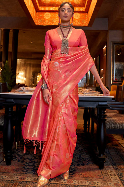 Load image into Gallery viewer, Pretty Peach Soft Banarasi Silk Saree With Epiphany Phenomenal Piece
