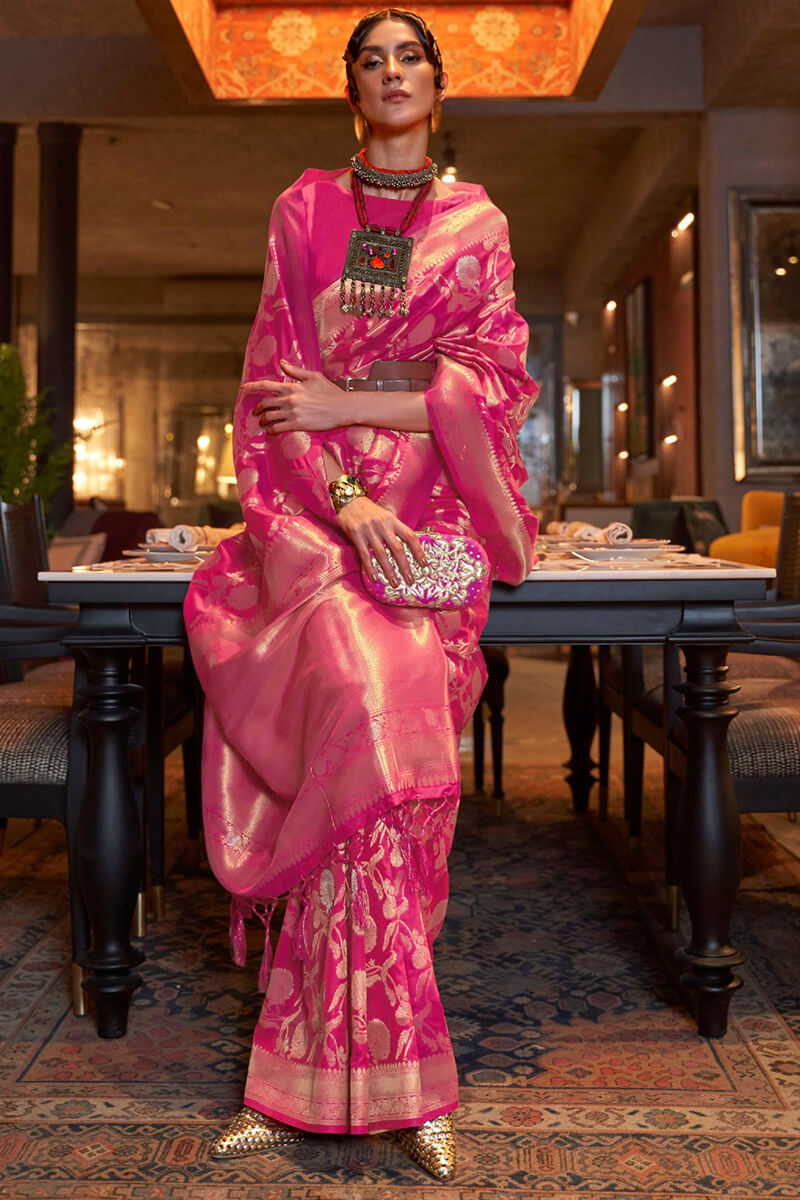 Glowing Dark Pink Soft Banarasi Silk Saree With Adorable Blouse Piece