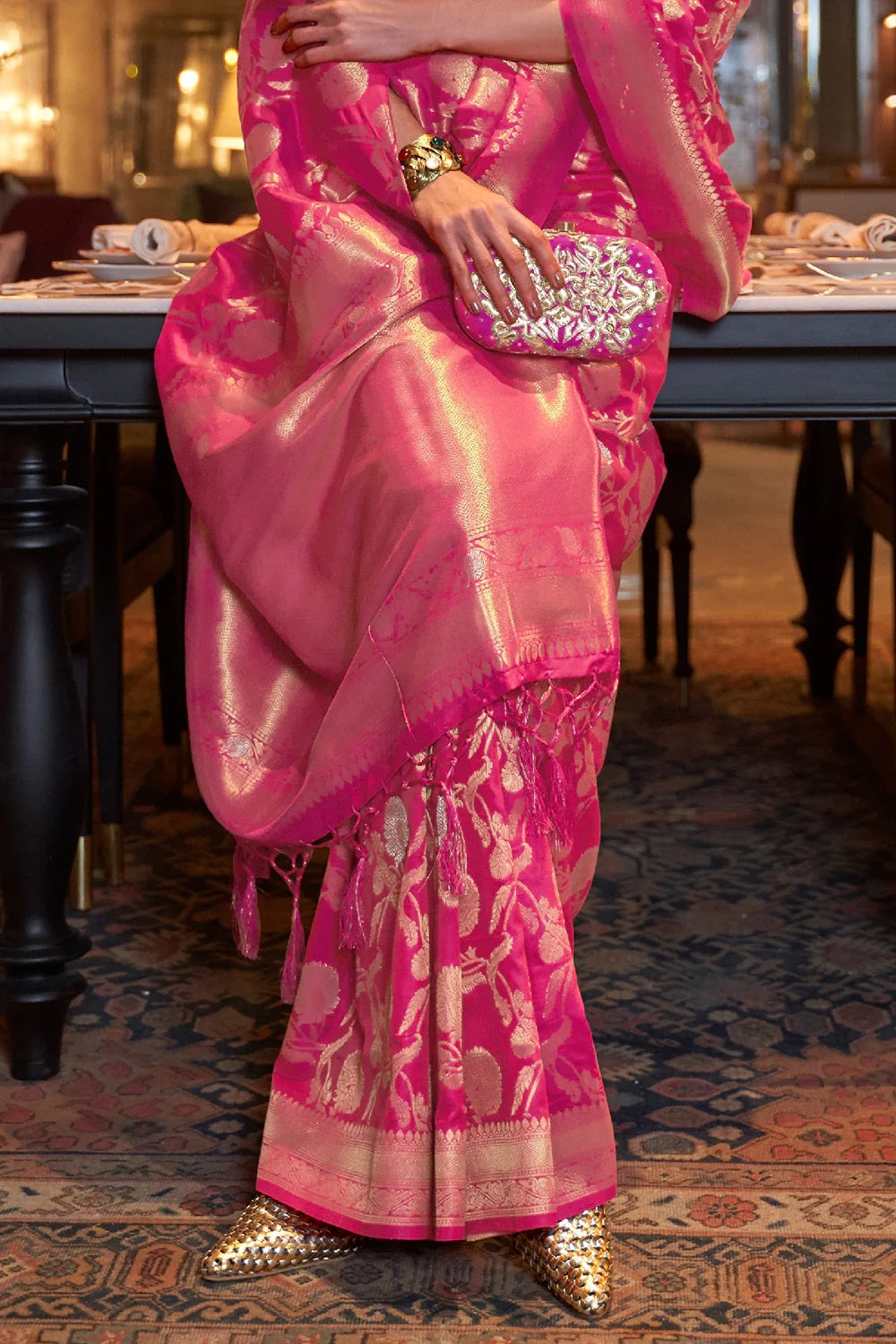 Glowing Dark Pink Soft Banarasi Silk Saree With Adorable Blouse Piece