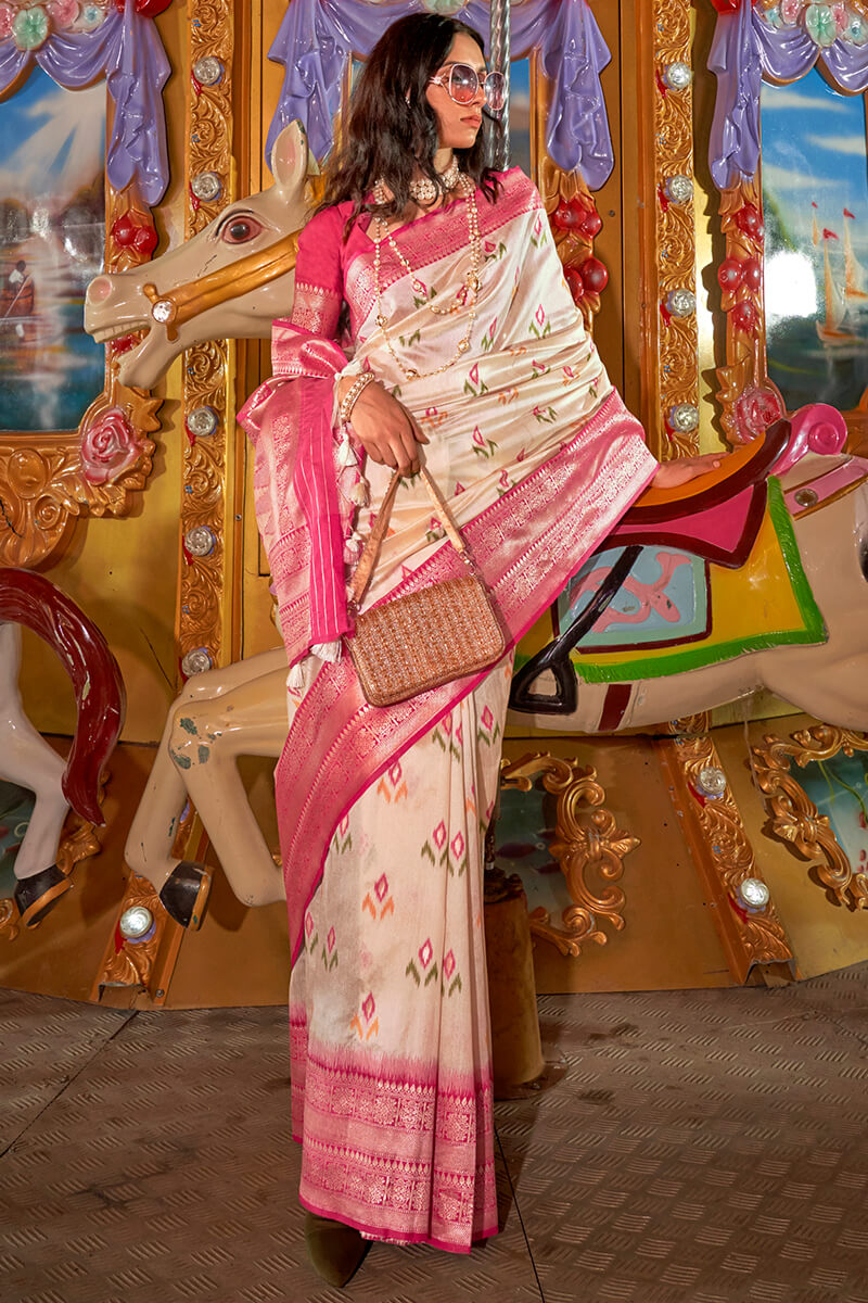 Snazzy Beige Soft Banarasi Silk Saree With Inimitable Blouse Piece