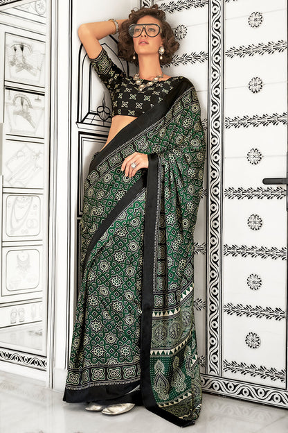 Trendy Green Digital Printed Satin Silk Saree With Stunning Blouse Piece