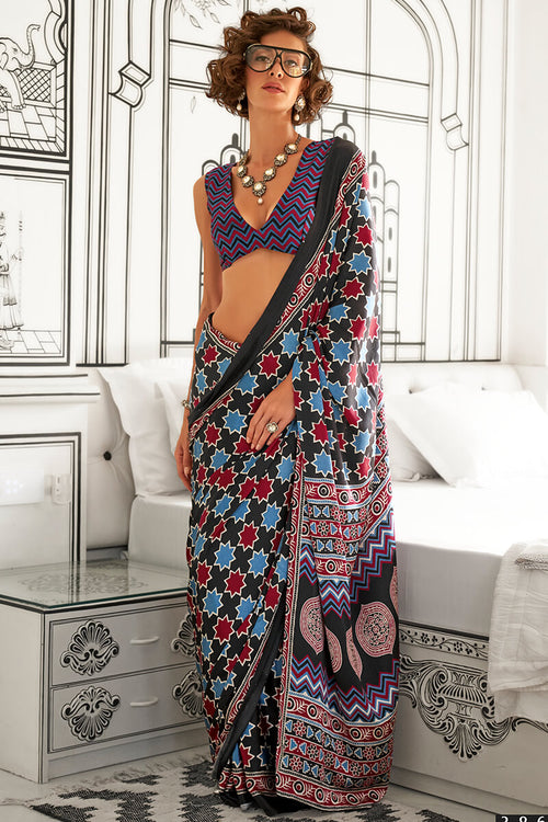 Load image into Gallery viewer, Precious Black Digital Printed Satin Silk Saree With Lovely Blouse Piece
