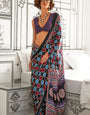 Precious Black Digital Printed Satin Silk Saree With Lovely Blouse Piece