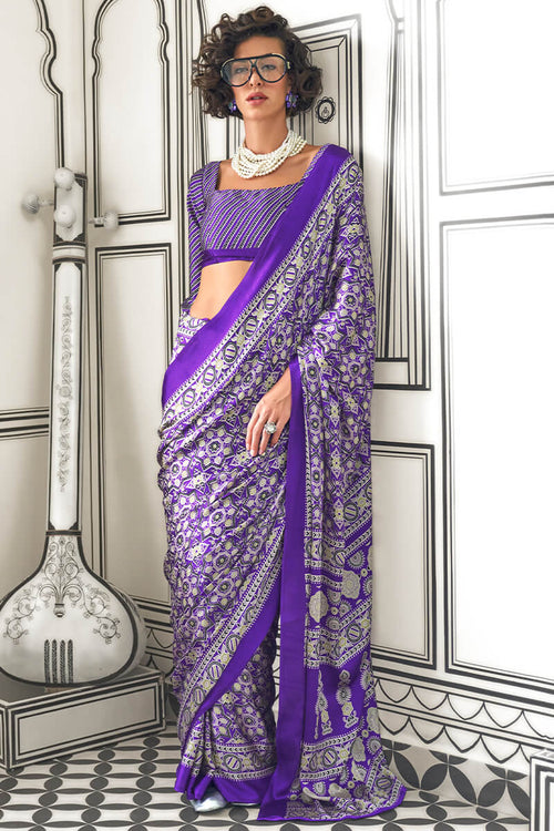 Load image into Gallery viewer, Ephemeral Purple Digital Printed Satin Silk Saree With Nemesis Blouse Piece
