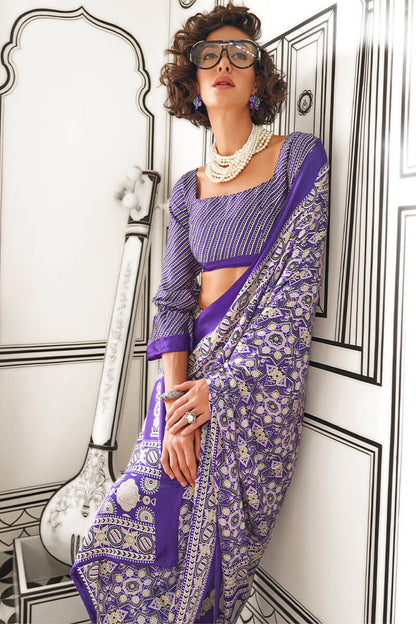 Ephemeral Purple Digital Printed Satin Silk Saree With Nemesis Blouse Piece