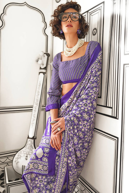 Load image into Gallery viewer, Ephemeral Purple Digital Printed Satin Silk Saree With Nemesis Blouse Piece
