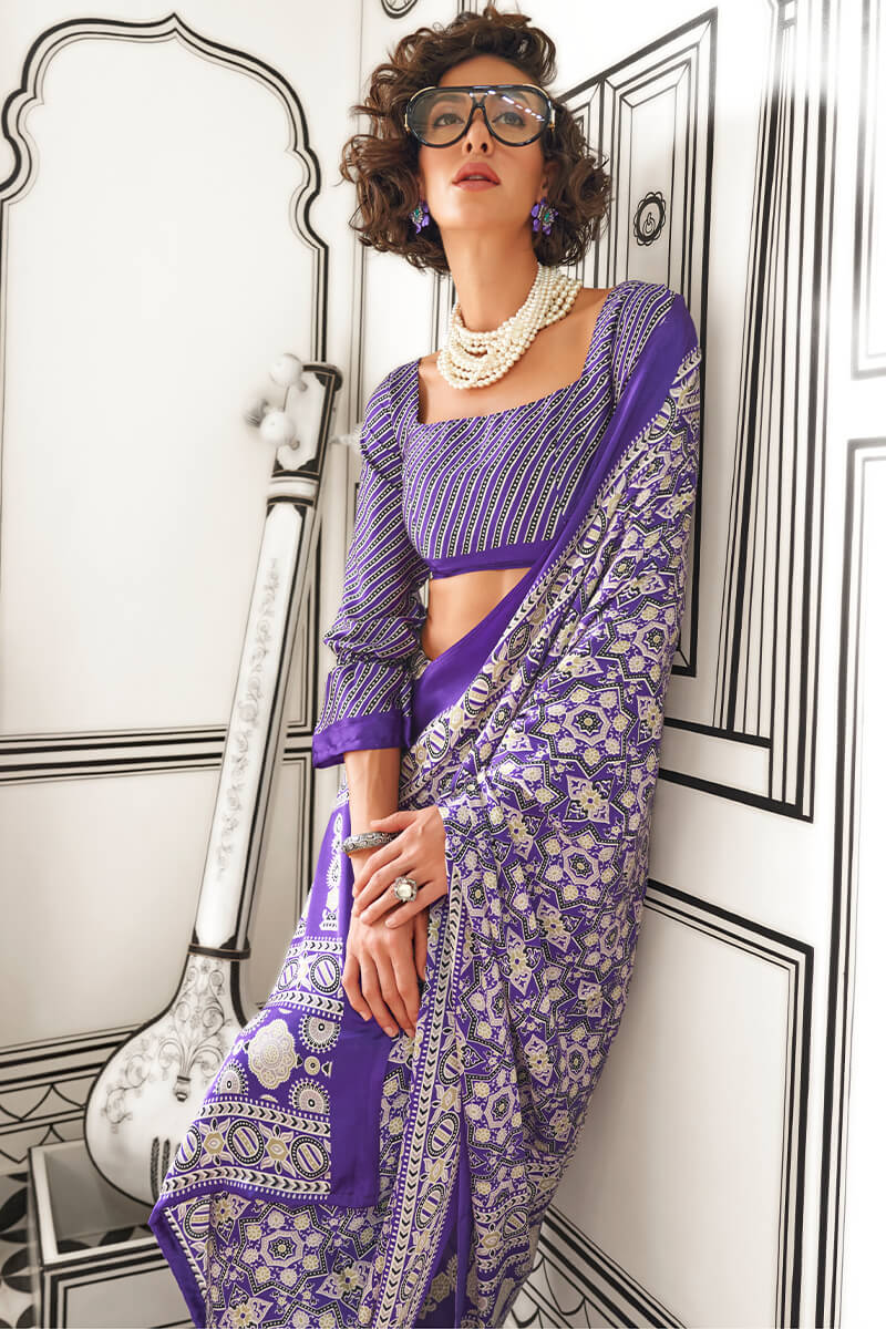 Ephemeral Purple Digital Printed Satin Silk Saree With Nemesis Blouse Piece