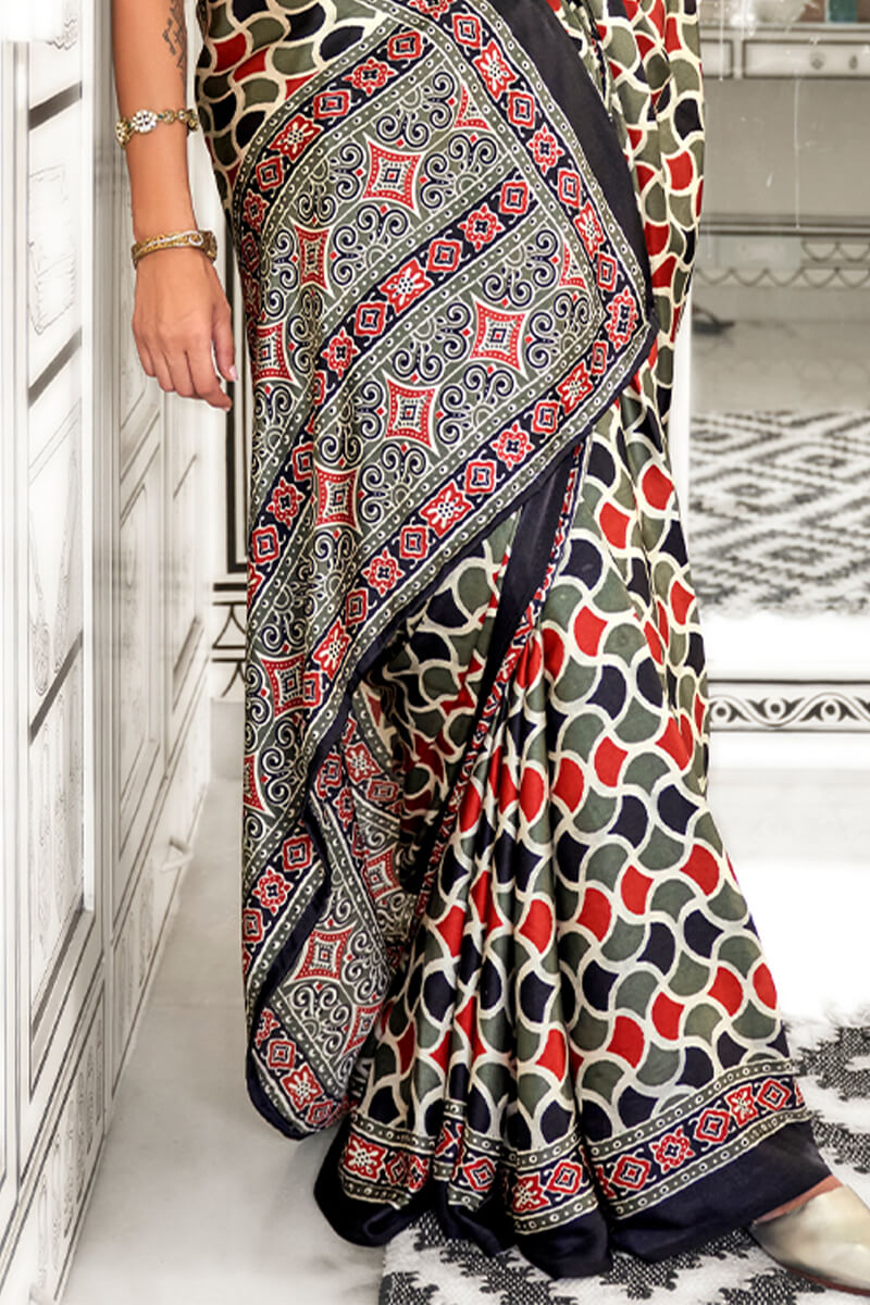 Splendiferous Multicolor Digital Printed Satin Silk Saree With Transcendent Blouse Piece