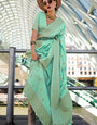 Adoring Sea Green Soft Banarasi Silk Saree With Brood Blouse Piece