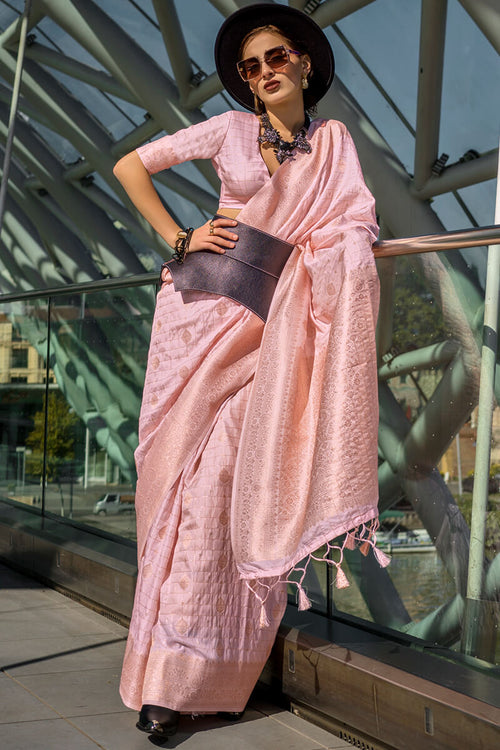 Load image into Gallery viewer, Serendipity Baby Pink Soft Banarasi Silk Saree With Pleasurable Blouse Piece
