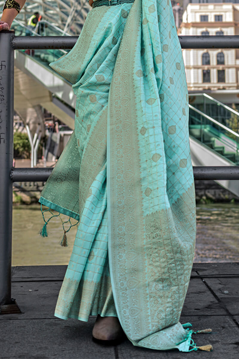 Seraphic Sky Soft Banarasi Silk Saree With Dulcet Blouse Piece