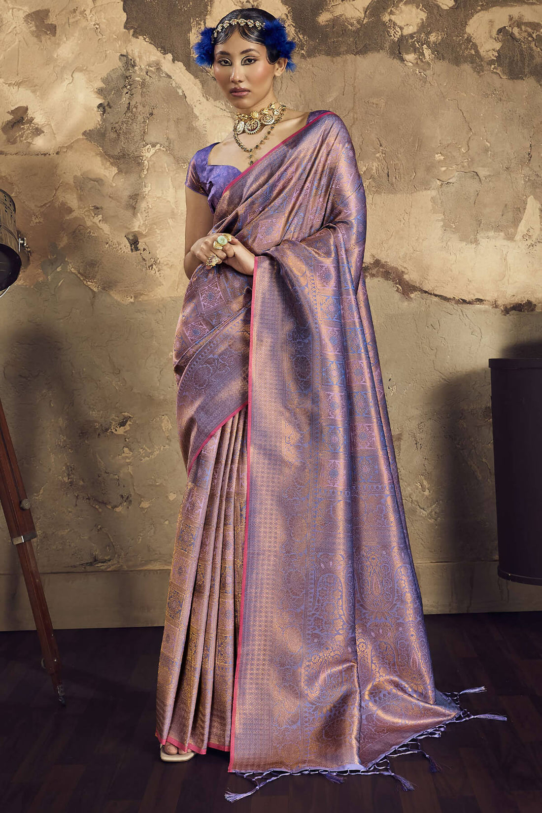 Energetic Purple Kanjivaram Silk Saree With Flameboyant Blouse Piece