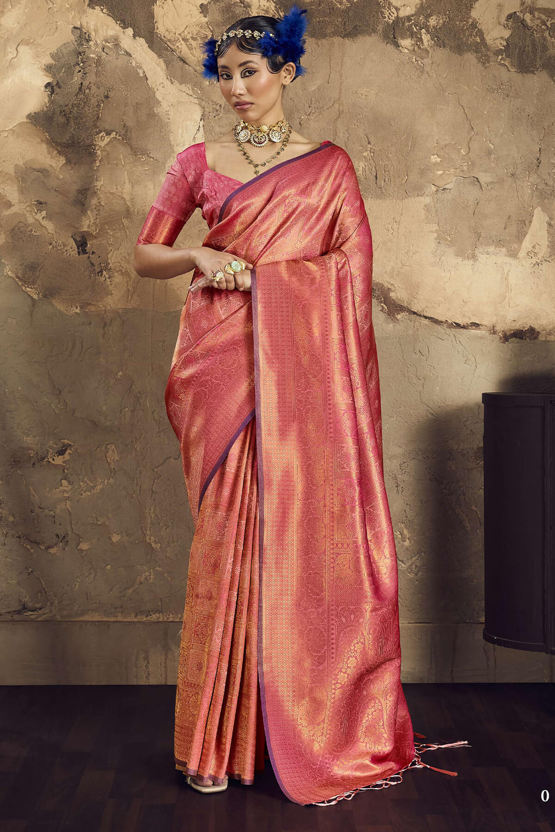 Ailurophile Pink Kanjivaram Silk Saree With Unequalled Blouse Piece