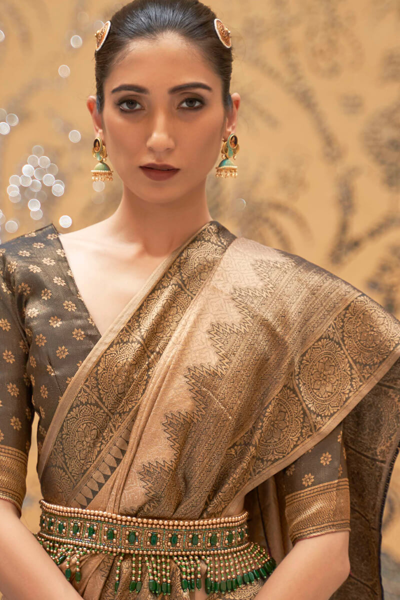 Amazing Beige Kanjivaram Silk Saree With Precious Blouse Piece